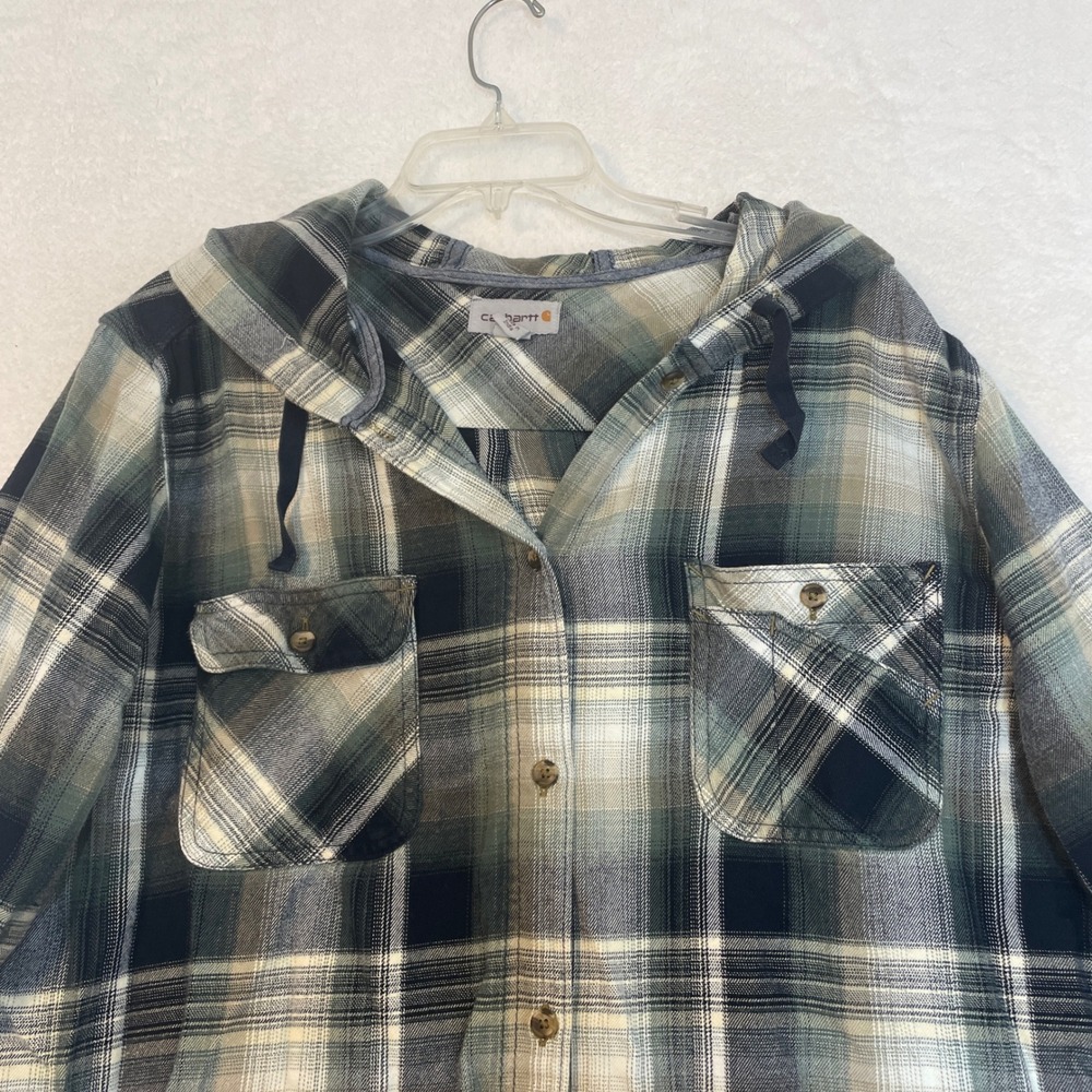 Carhartt Womens XXL Green Plaid Hooded Flannel Shirt Button Up Jacket 103235 412 - Picture 2 of 10
